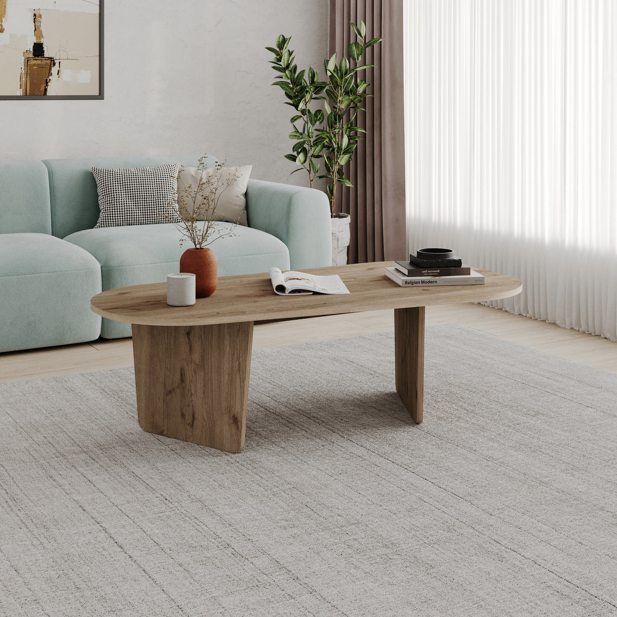 Ostrel 130cm Large Oval Coffee Table with Panel Legs — Natural Oak