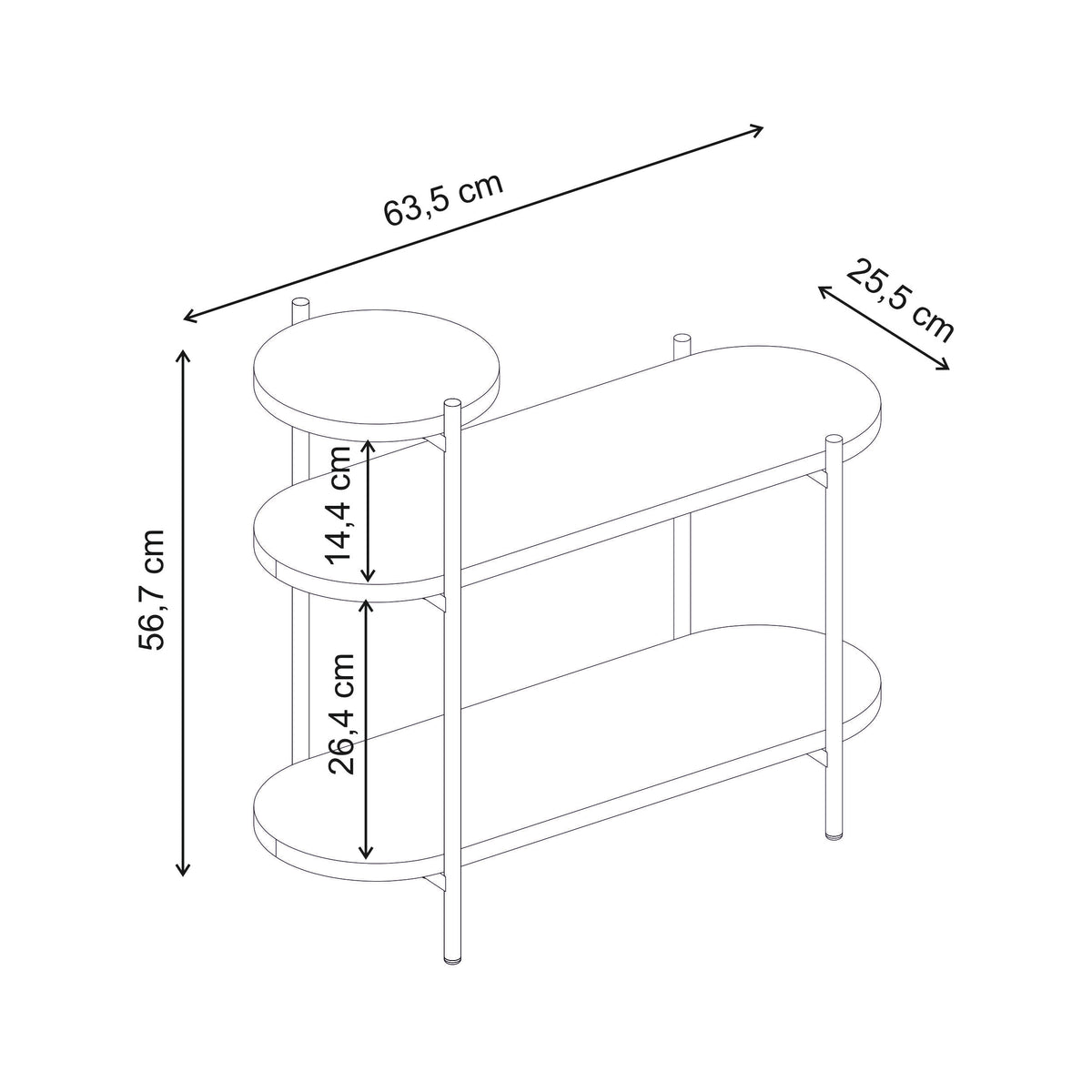 Fyrel 64cm 3-Tier Display Side Table with Metal Frame — Black Wood