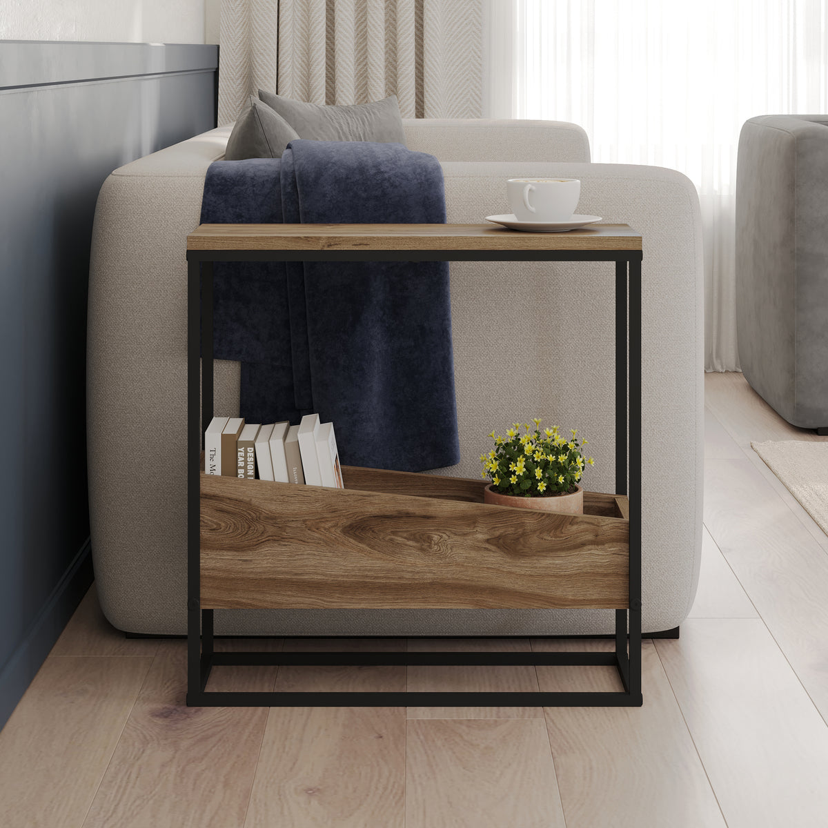 Woskel 60 cm Slim End Table with Angled Magazine Storage — Whiskey Oak