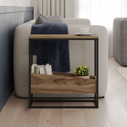 Woskel 60 cm Slim End Table with Angled Magazine Storage — Whiskey Oak