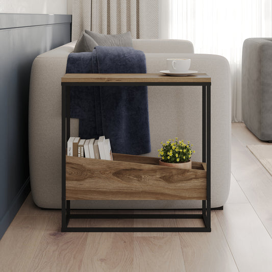 Woskel 60 cm Slim End Table with Angled Magazine Storage — Whiskey Oak
