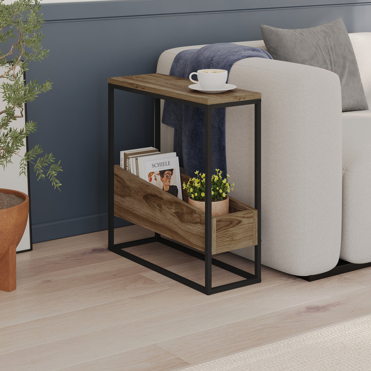 Woskel 60 cm Slim End Table with Angled Magazine Storage — Whiskey Oak