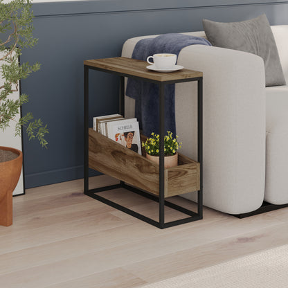 Woskel 60 cm Slim End Table with Angled Magazine Storage — Whiskey Oak