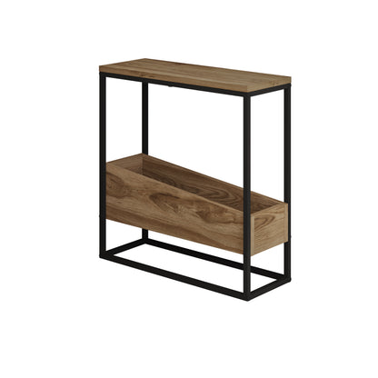 Woskel 60 cm Slim End Table with Angled Magazine Storage — Whiskey Oak