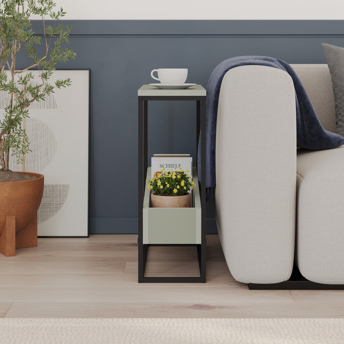 Woskel 60 cm Slim End Table with Angled Magazine Storage — Ash Green