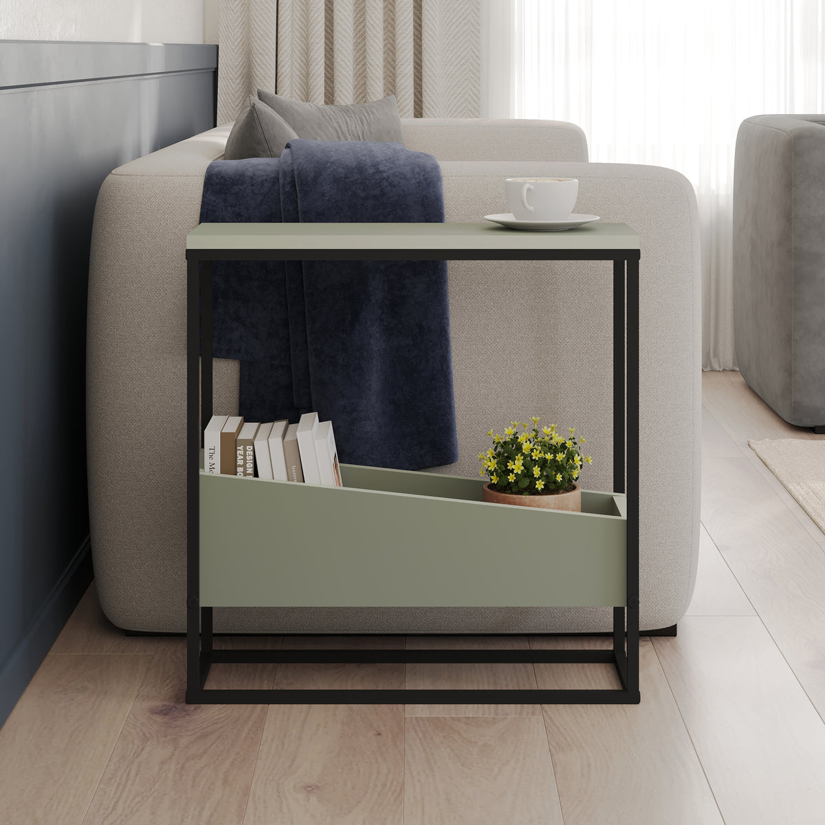 Woskel 60 cm Slim End Table with Angled Magazine Storage — Ash Green