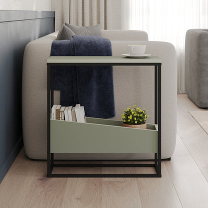 Woskel 60 cm Slim End Table with Angled Magazine Storage — Ash Green