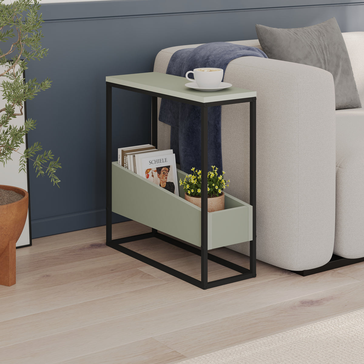 Woskel 60 cm Slim End Table with Angled Magazine Storage — Ash Green