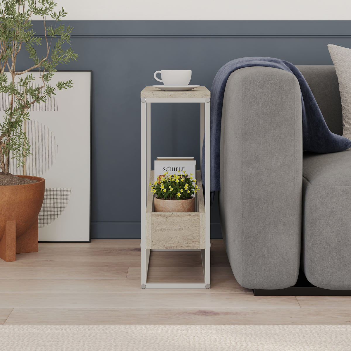 Woskel 60 cm Slim End Table with Angled Magazine Storage — Travertine