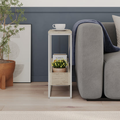 Woskel 60 cm Slim End Table with Angled Magazine Storage — Travertine