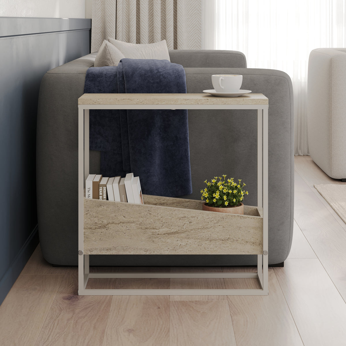 Woskel 60 cm Slim End Table with Angled Magazine Storage — Travertine