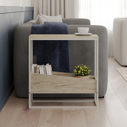 Woskel 60 cm Slim End Table with Angled Magazine Storage — Travertine