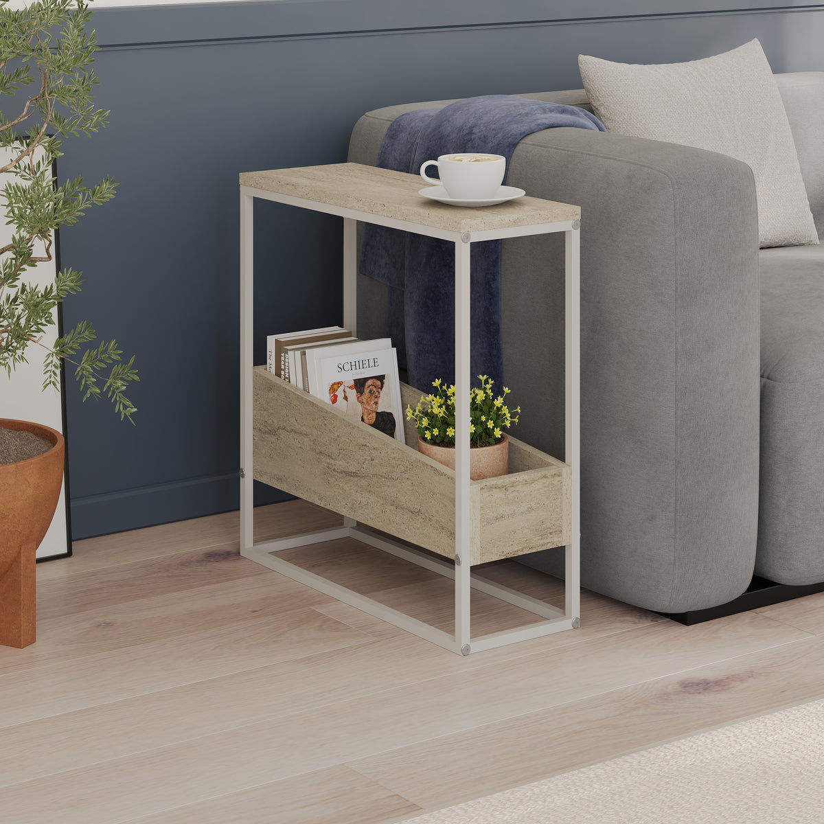 Woskel 60 cm Slim End Table with Angled Magazine Storage — Travertine