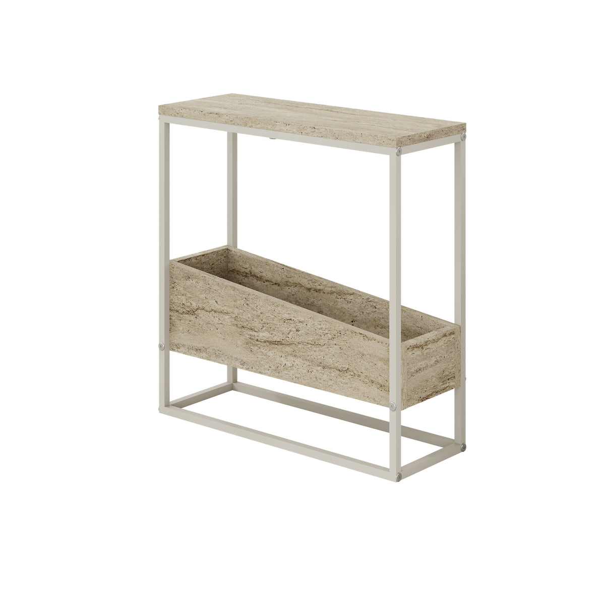 Woskel 60 cm Slim End Table with Angled Magazine Storage — Travertine