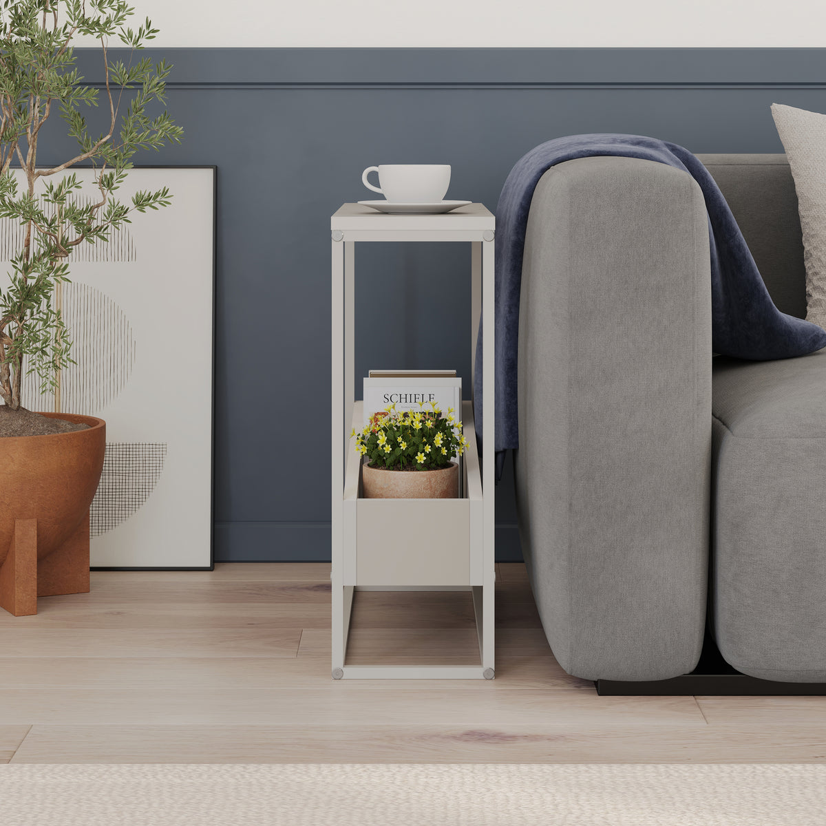 Woskel 60 cm Slim End Table with Angled Magazine Storage — Sandstone
