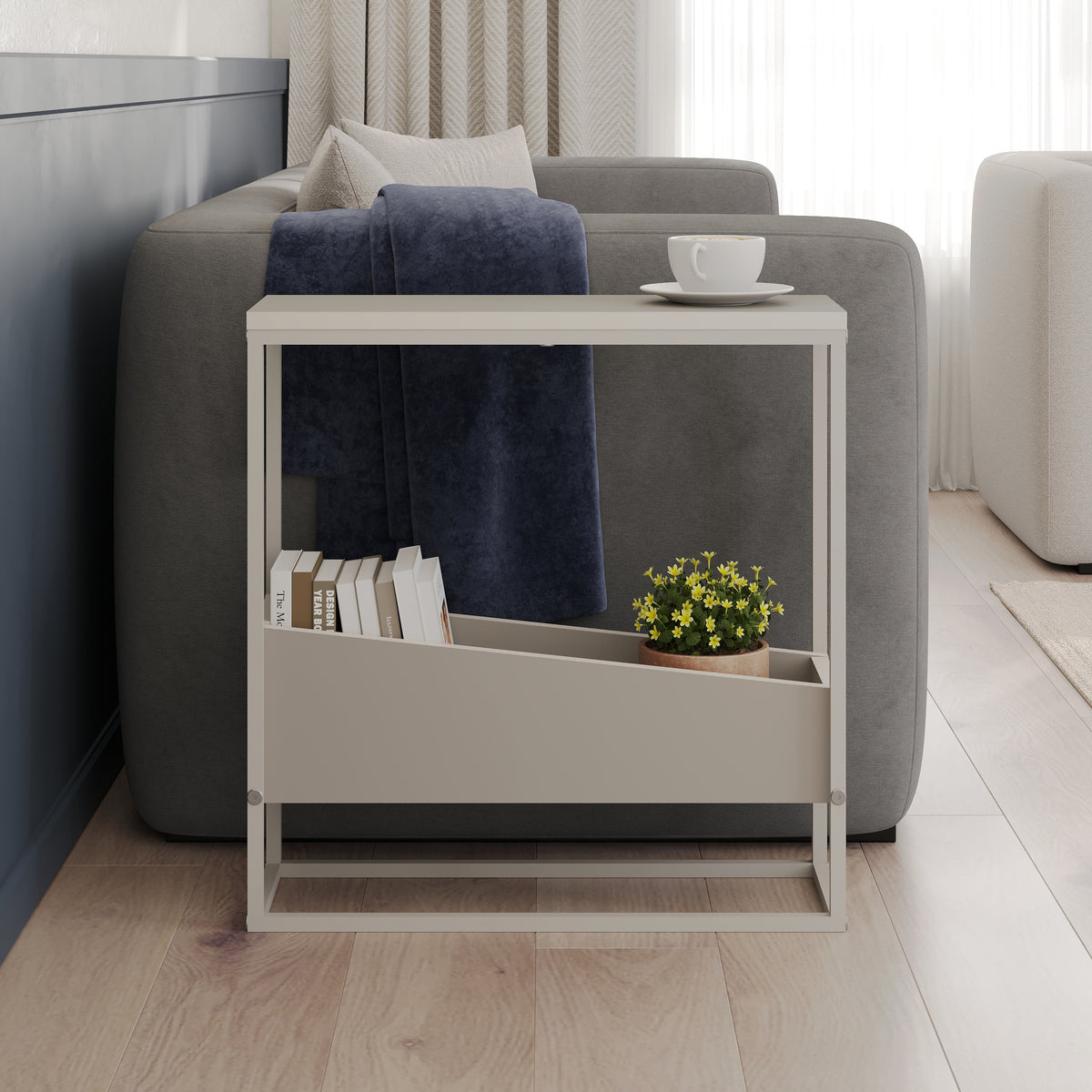 Woskel 60 cm Slim End Table with Angled Magazine Storage — Sandstone