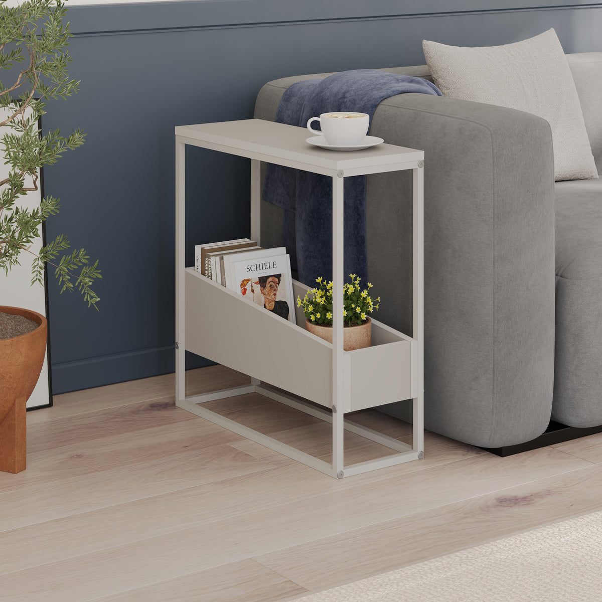 Woskel 60 cm Slim End Table with Angled Magazine Storage — Sandstone
