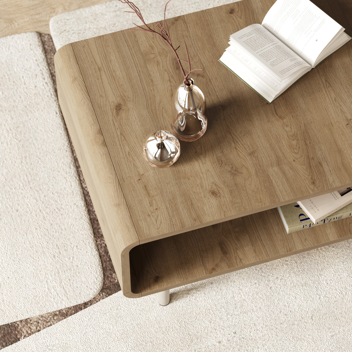 Tovra 70 cm Coffee Table with Open Shelf and Metal Legs — Natural Oak