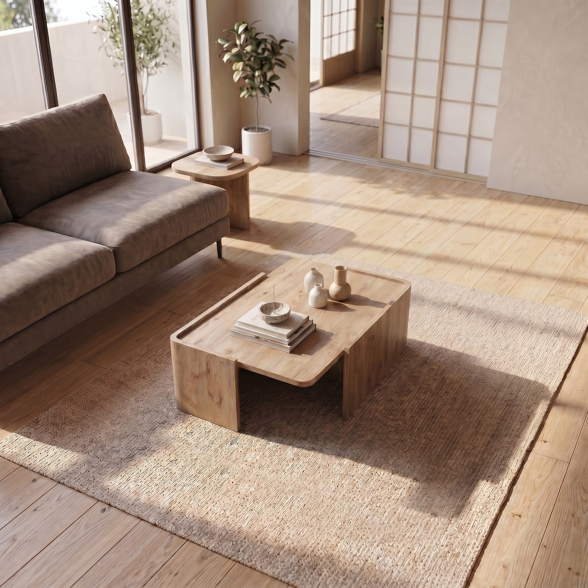 Pallow 82 cm Low Coffee Table with Solid Panel Ends — Natural Oak