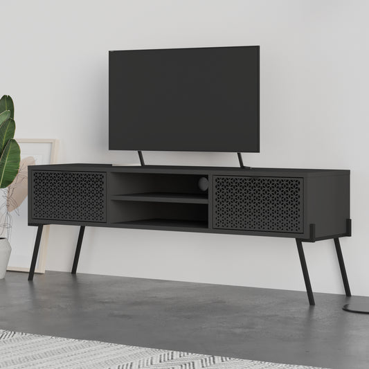 Skarn 143cm TV Stand with Patterned Doors & Metal Legs — Anthracite Grey