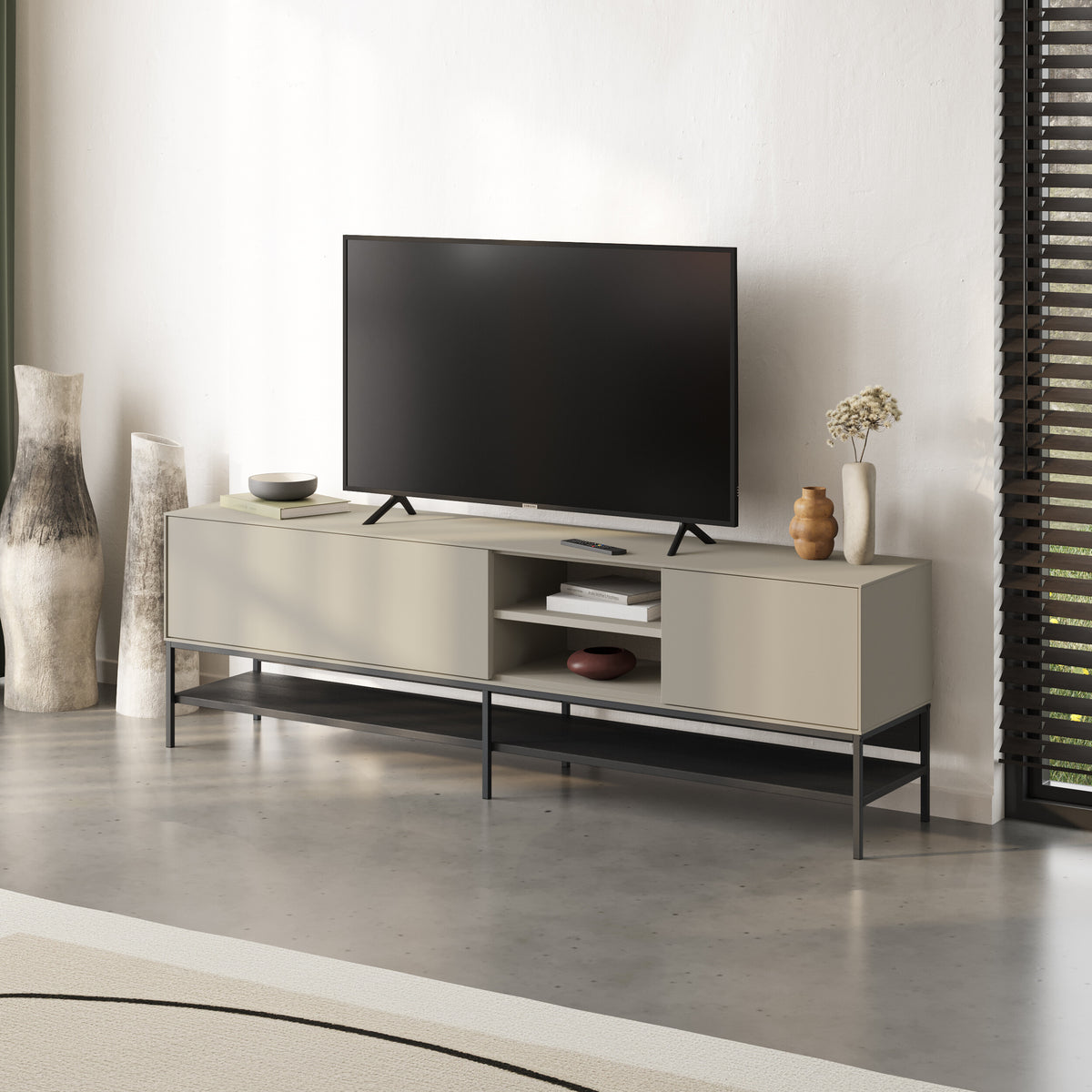 Arnvo 180cm TV Stand with Push-to-Open Doors & Metal Legs — Sandstone-Black Wood