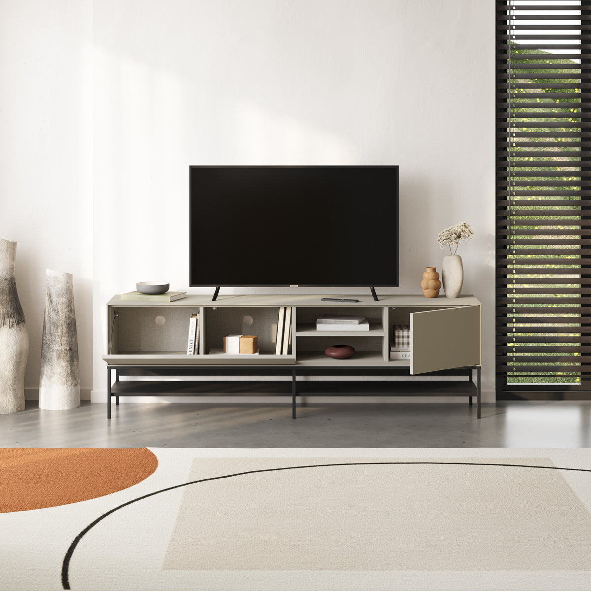 Arnvo 180cm TV Stand with Push-to-Open Doors & Metal Legs — Sandstone-Black Wood