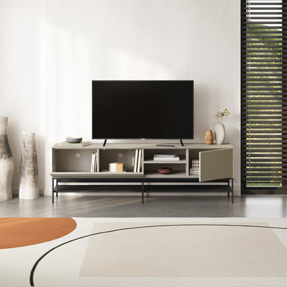 Arnvo 180cm TV Stand with Push-to-Open Doors & Metal Legs — Sandstone-Black Wood