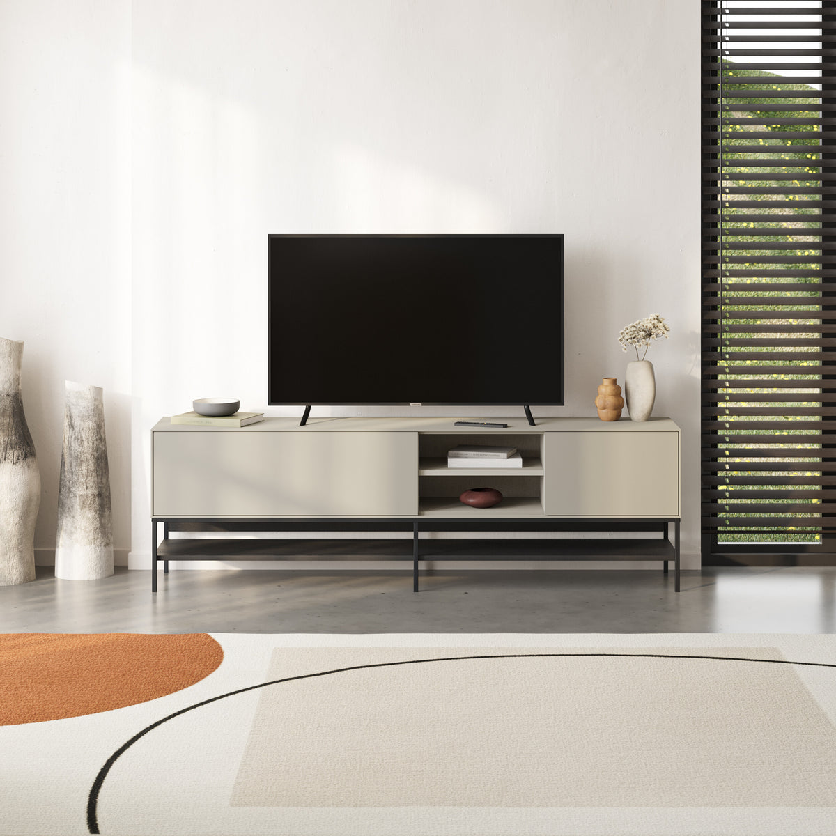Arnvo 180cm TV Stand with Push-to-Open Doors & Metal Legs — Sandstone-Black Wood