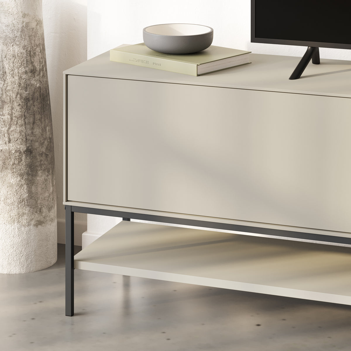 Arnvo 180cm TV Stand with Push-to-Open Doors & Metal Legs — Sandstone-Black Wood