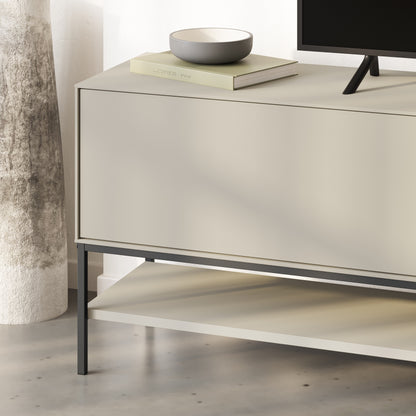 Arnvo 180cm TV Stand with Push-to-Open Doors & Metal Legs — Sandstone-Black Wood
