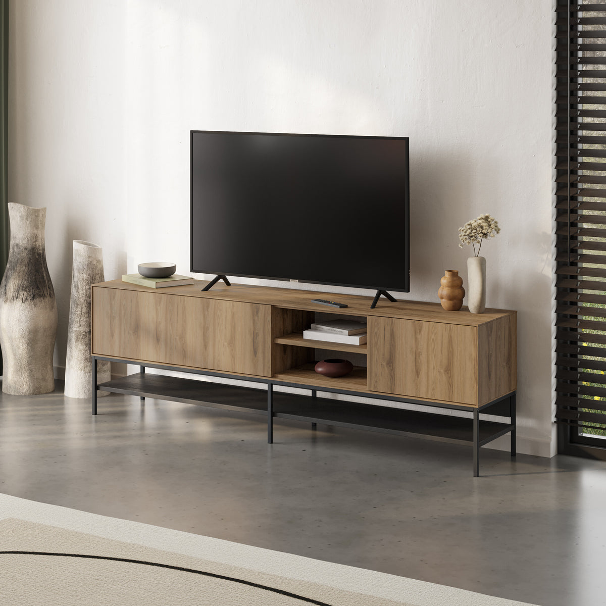 Arnvo 180cm TV Stand with Push-to-Open Doors & Metal Legs — Whiskey Oak-Black Wood