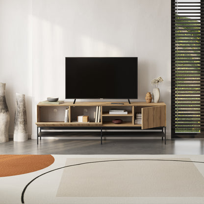 Arnvo 180cm TV Stand with Push-to-Open Doors & Metal Legs — Whiskey Oak-Black Wood