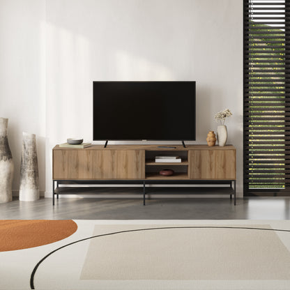 Arnvo 180cm TV Stand with Push-to-Open Doors & Metal Legs — Whiskey Oak-Black Wood