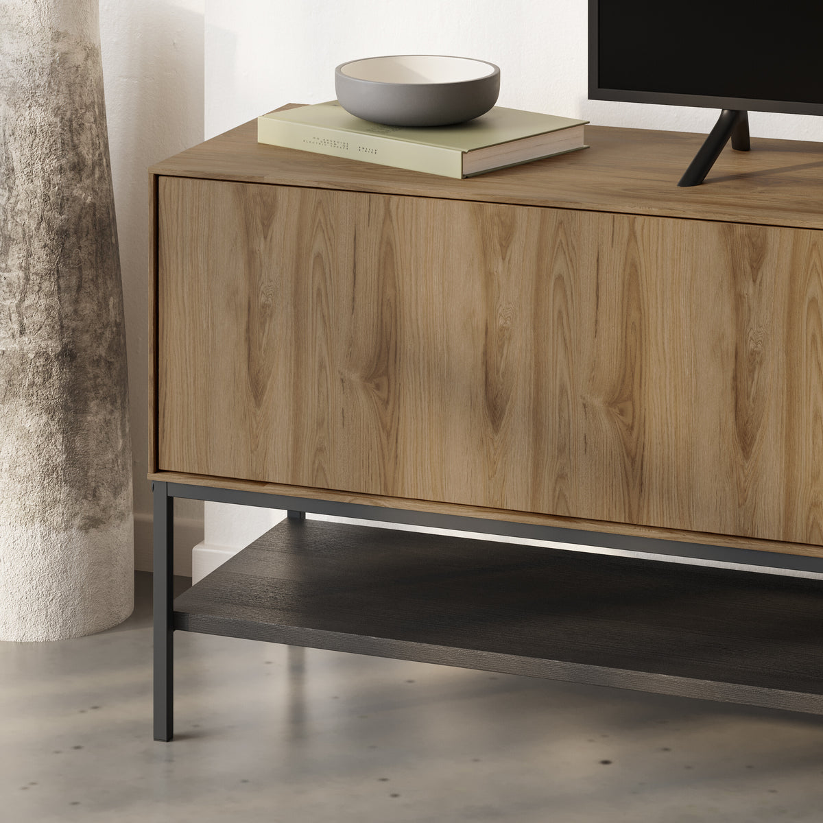 Arnvo 180cm TV Stand with Push-to-Open Doors & Metal Legs — Whiskey Oak-Black Wood