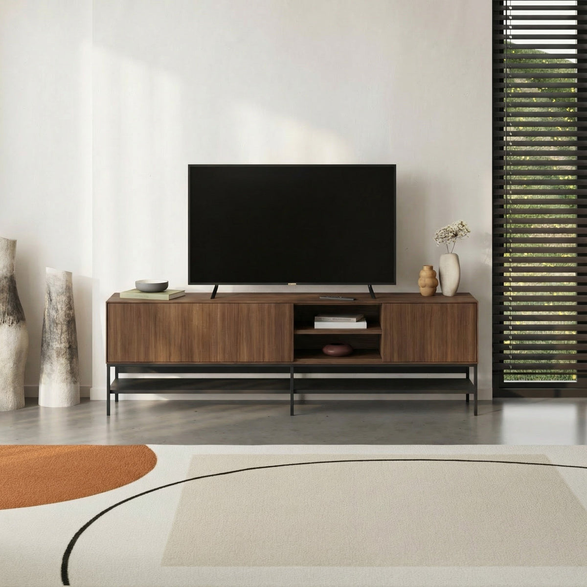Arnvo 180cm TV Stand with Push-to-Open Doors & Metal Legs — Dark Brown Oak Effect-Black Wood
