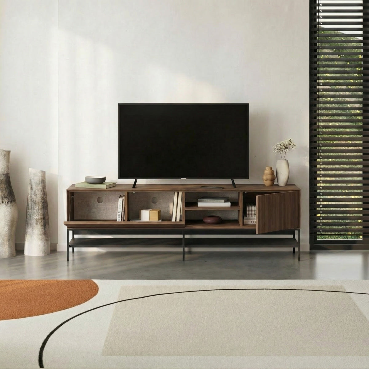 Arnvo 180cm TV Stand with Push-to-Open Doors & Metal Legs — Dark Brown Oak Effect-Black Wood