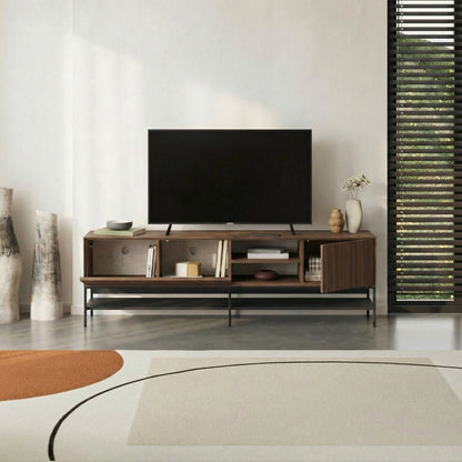 Arnvo 180cm TV Stand with Push-to-Open Doors & Metal Legs — Dark Brown Oak Effect-Black Wood
