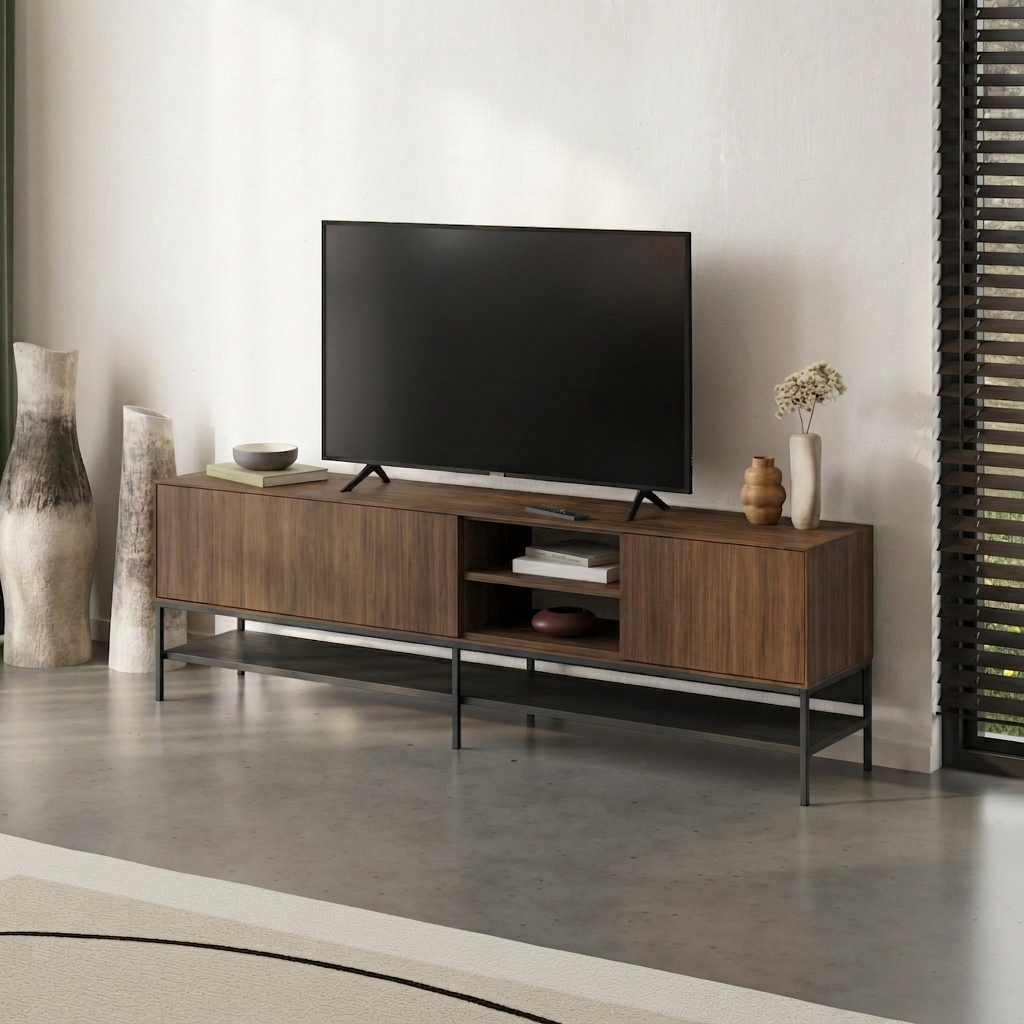 Arnvo 180cm TV Stand with Push-to-Open Doors & Metal Legs — Dark Brown Oak Effect-Black Wood