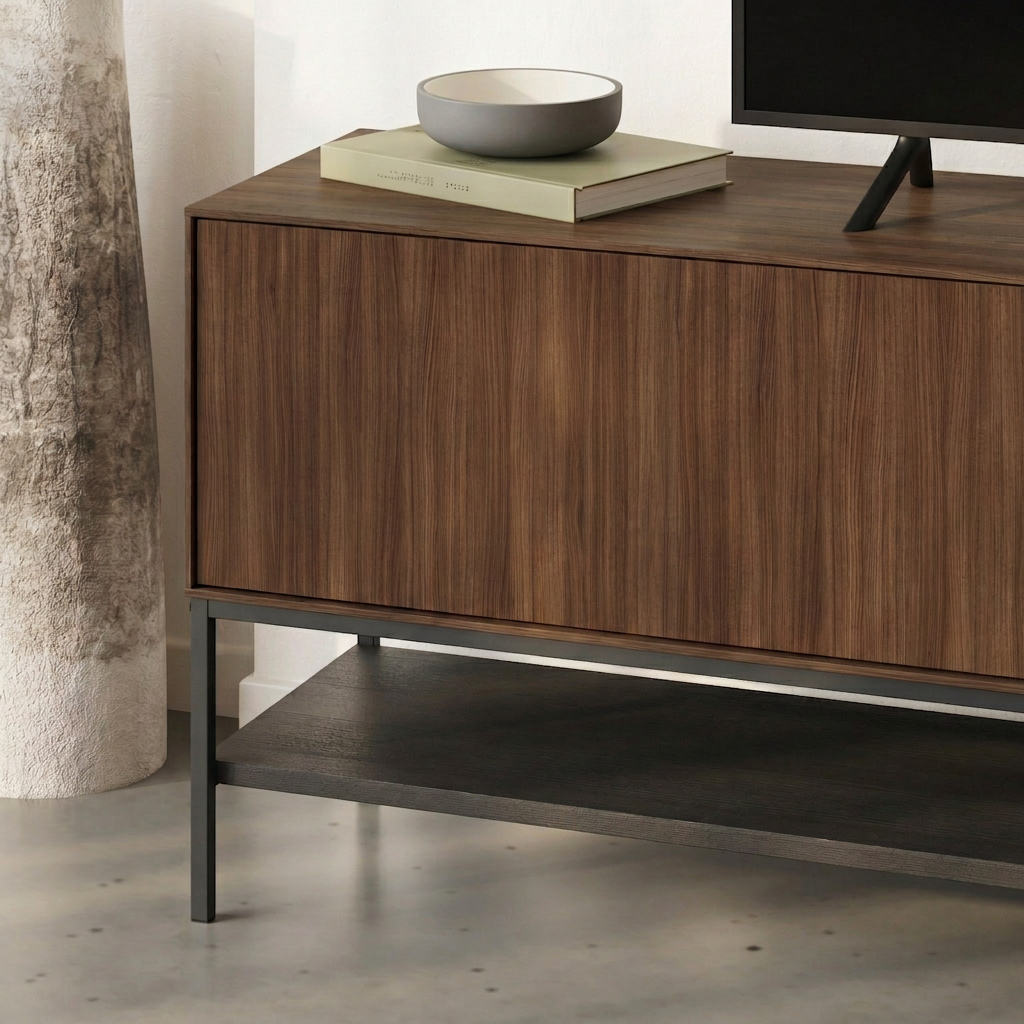 Arnvo 180cm TV Stand with Push-to-Open Doors & Metal Legs — Dark Brown Oak Effect-Black Wood