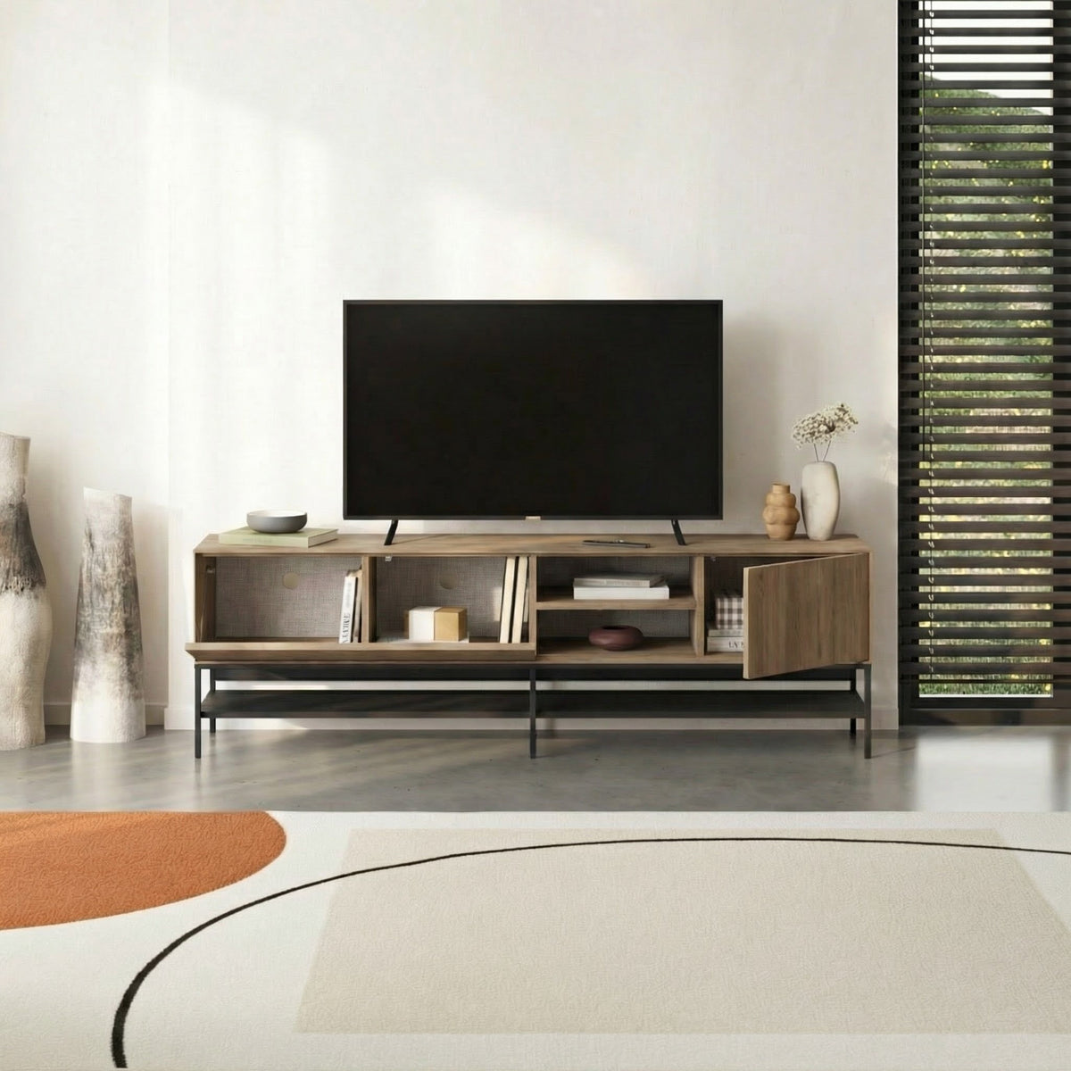 Arnvo 180cm TV Stand with Push-to-Open Doors & Metal Legs — Natural Oak-Black Wood