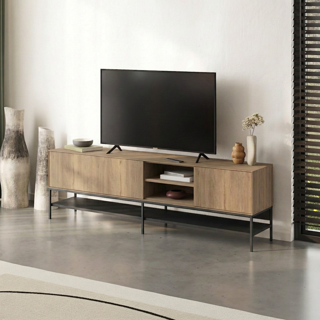 Arnvo 180cm TV Stand with Push-to-Open Doors & Metal Legs — Natural Oak-Black Wood