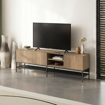 Arnvo 180cm TV Stand with Push-to-Open Doors & Metal Legs — Natural Oak-Black Wood