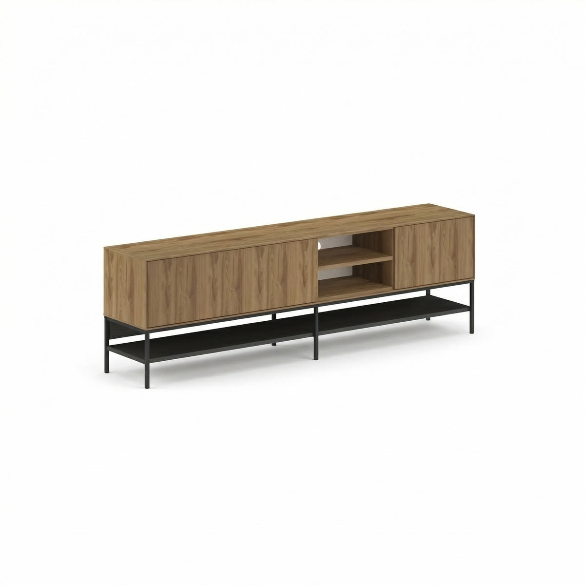 Arnvo 180cm TV Stand with Push-to-Open Doors & Metal Legs — Natural Oak-Black Wood