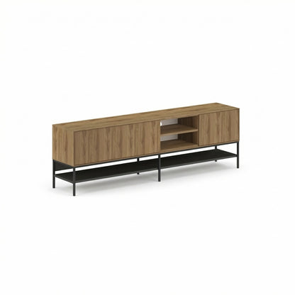 Arnvo 180cm TV Stand with Push-to-Open Doors & Metal Legs — Natural Oak-Black Wood