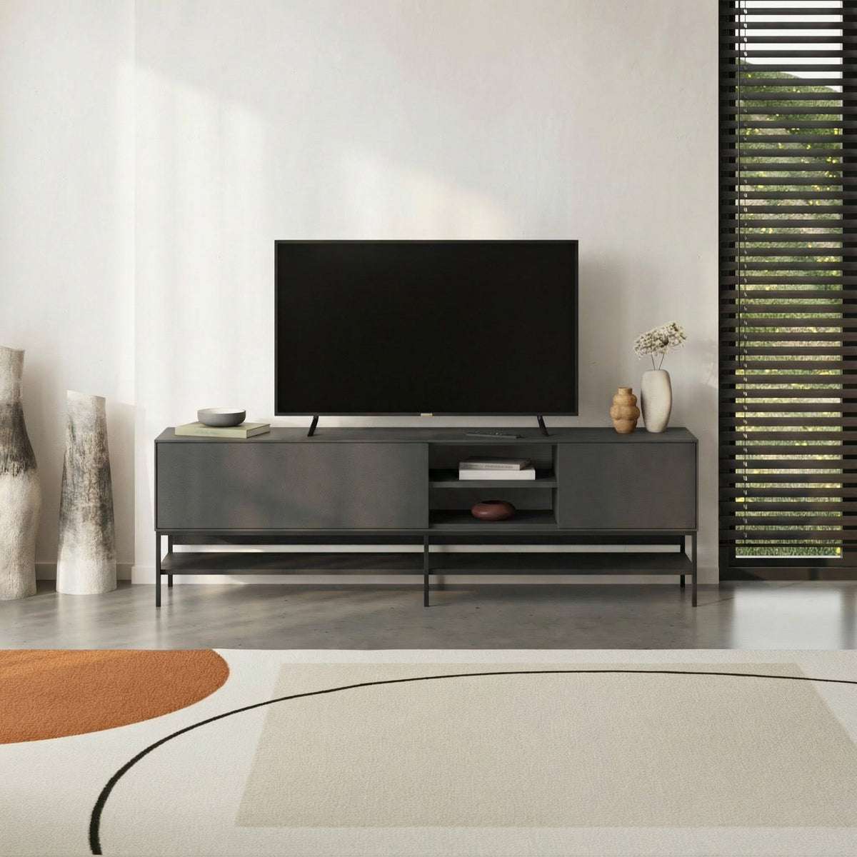 Arnvo 180cm TV Stand with Push-to-Open Doors & Metal Legs — Anthracite Grey-Black Wood