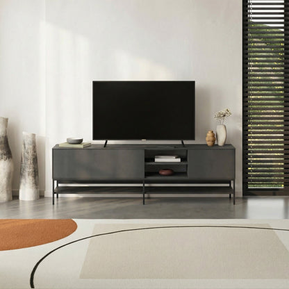 Arnvo 180cm TV Stand with Push-to-Open Doors & Metal Legs — Anthracite Grey-Black Wood