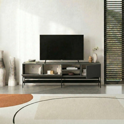 Arnvo 180cm TV Stand with Push-to-Open Doors & Metal Legs — Anthracite Grey-Black Wood