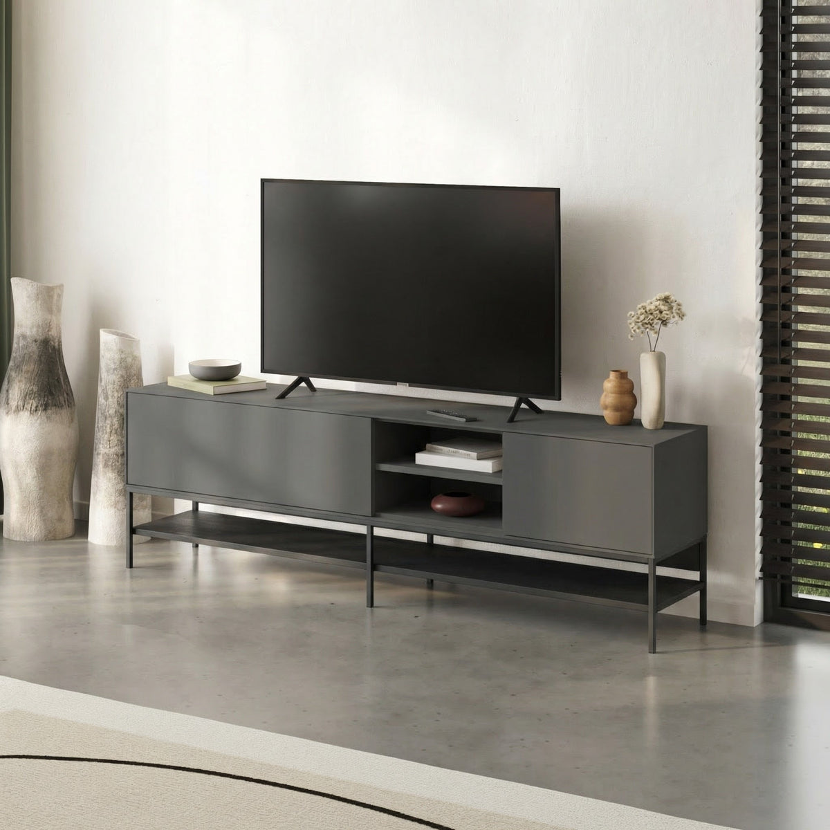 Arnvo 180cm TV Stand with Push-to-Open Doors & Metal Legs — Anthracite Grey-Black Wood