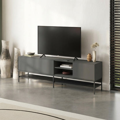 Arnvo 180cm TV Stand with Push-to-Open Doors & Metal Legs — Anthracite Grey-Black Wood