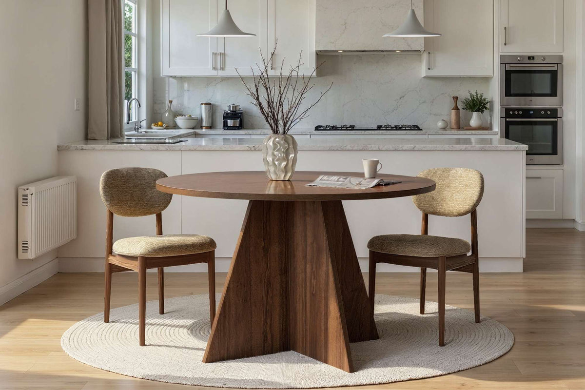 Tamsk 120cm Round Dining Table for 4 with Panel Legs — Natural Walnut Effect